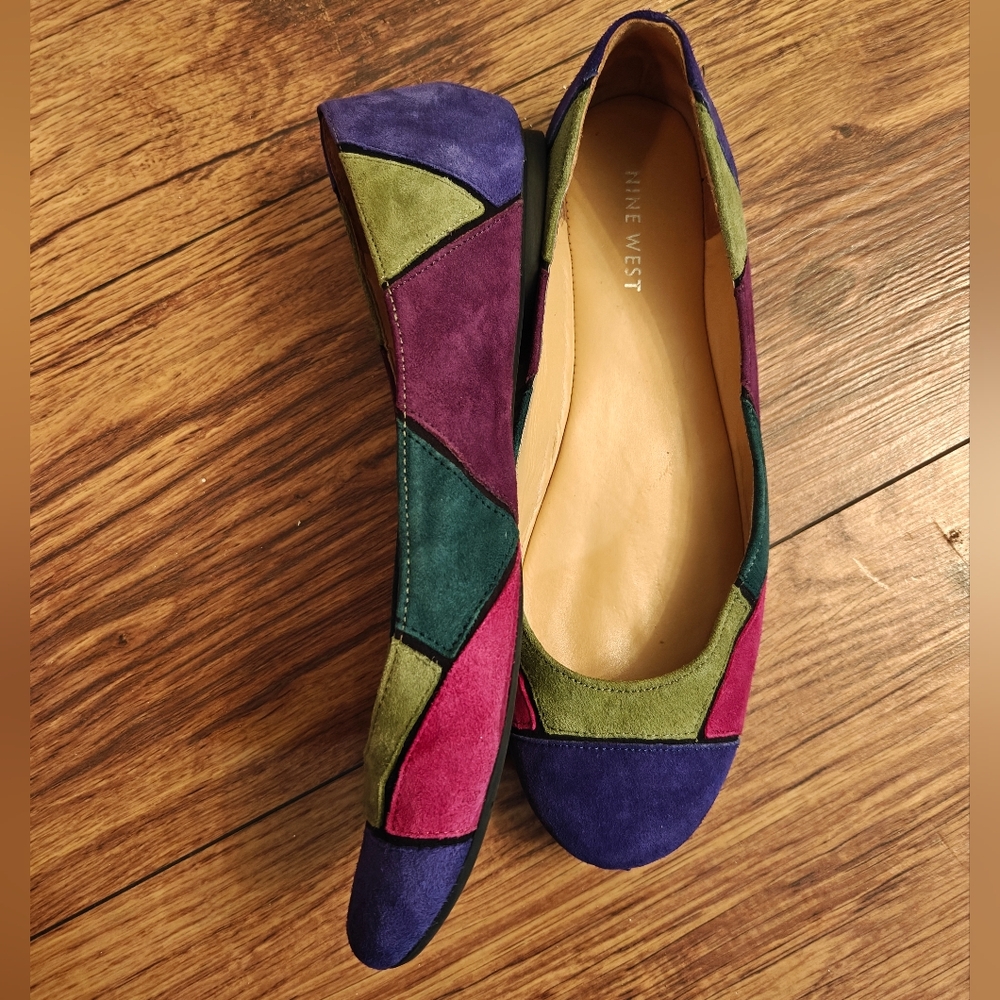 Suede Patchwork Ballet Flats Nine West Womens 8 Y2K Funky Leather Statement Boho - Picture 2 of 9
